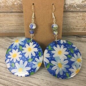 Daisy Flower Blue Earrings Fabric Resin Round Dangle Beaded French Wire Silver
